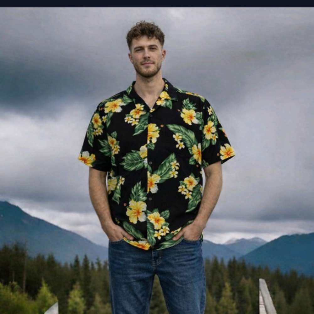 Aloha Fashion Hawaiian Shirt Size XXL Button Black Floral  Pocket Cotton